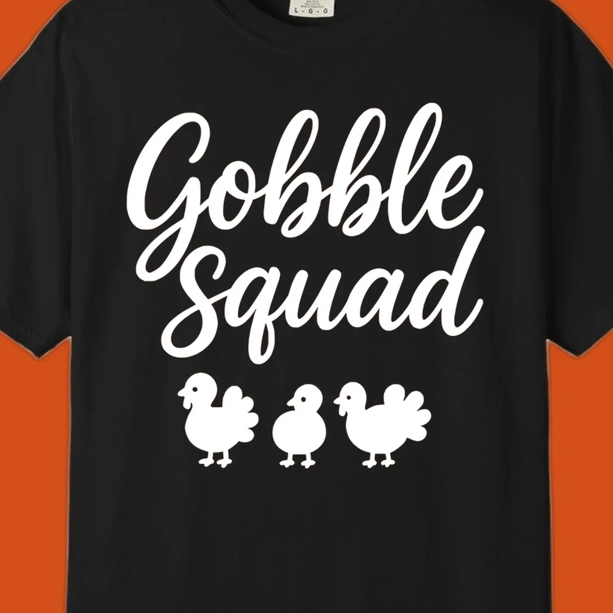 Gobble Squad Thanksgiving design with script text and cute turkey illustrations.