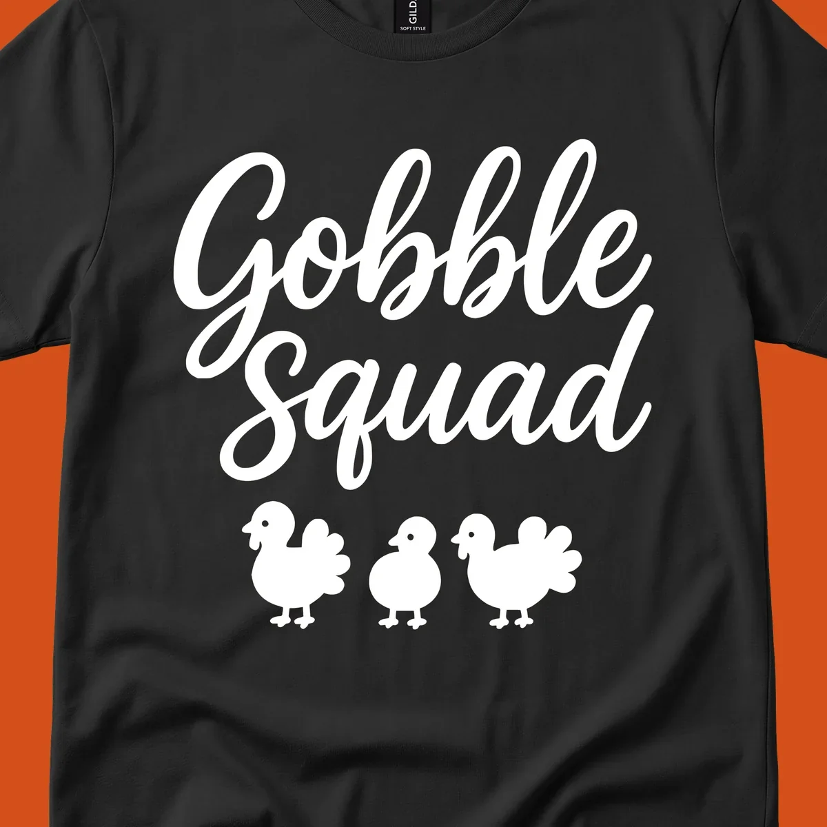 Gobble Squad Thanksgiving design with script text and cute turkey illustrations.