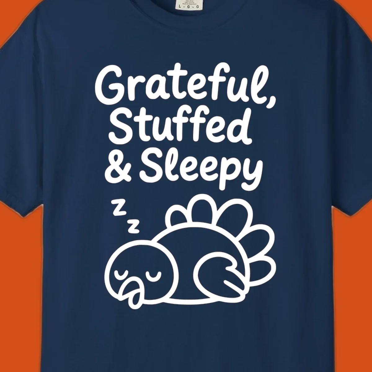 Grateful, Stuffed & Sleepy text with a sleeping turkey, representing the thanksgiving-food-coma.