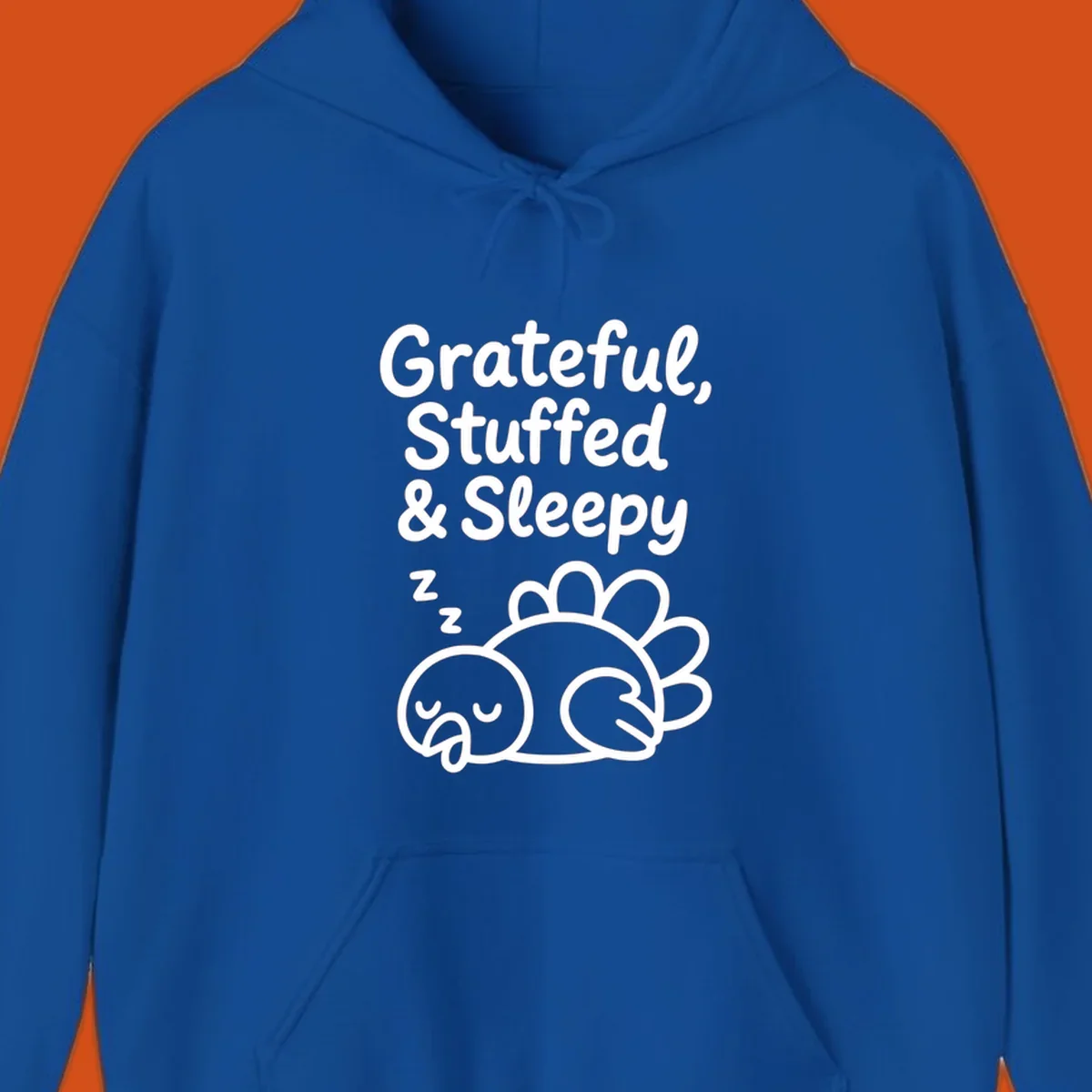 Grateful, Stuffed & Sleepy text with a sleeping turkey, representing the thanksgiving-food-coma.