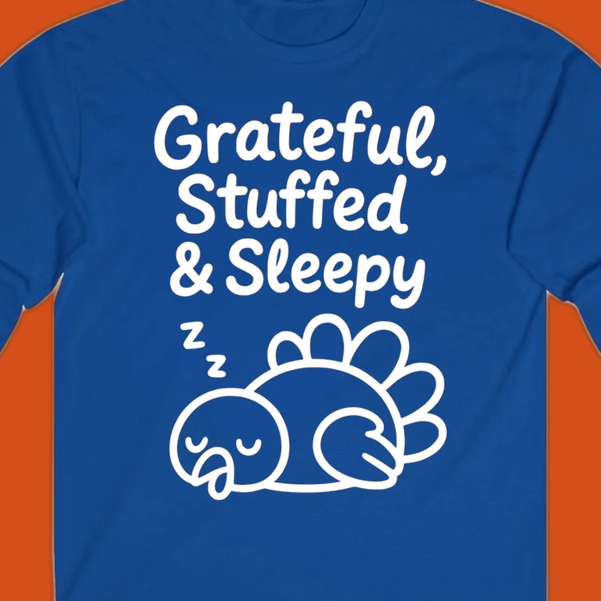 Grateful, Stuffed & Sleepy text with a sleeping turkey, representing the thanksgiving-food-coma.