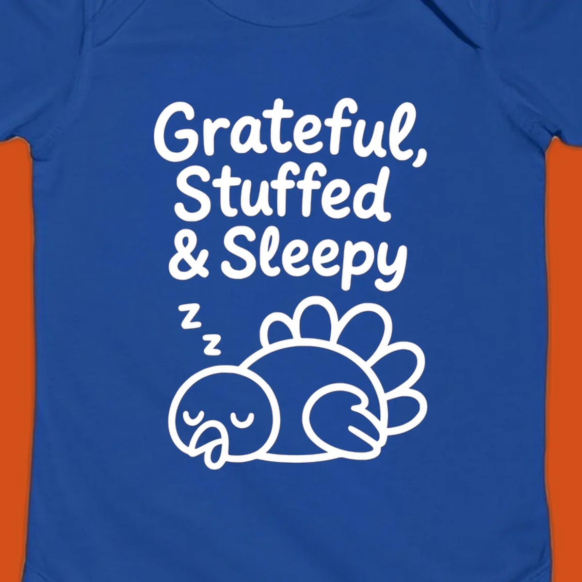 Grateful, Stuffed & Sleepy text with a sleeping turkey, representing the thanksgiving-food-coma.