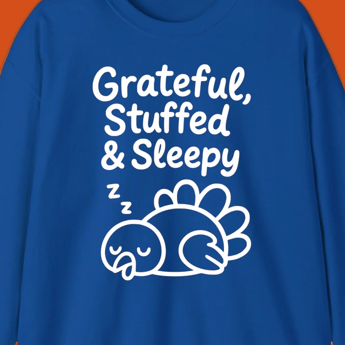 Grateful, Stuffed & Sleepy text with a sleeping turkey, representing the thanksgiving-food-coma.