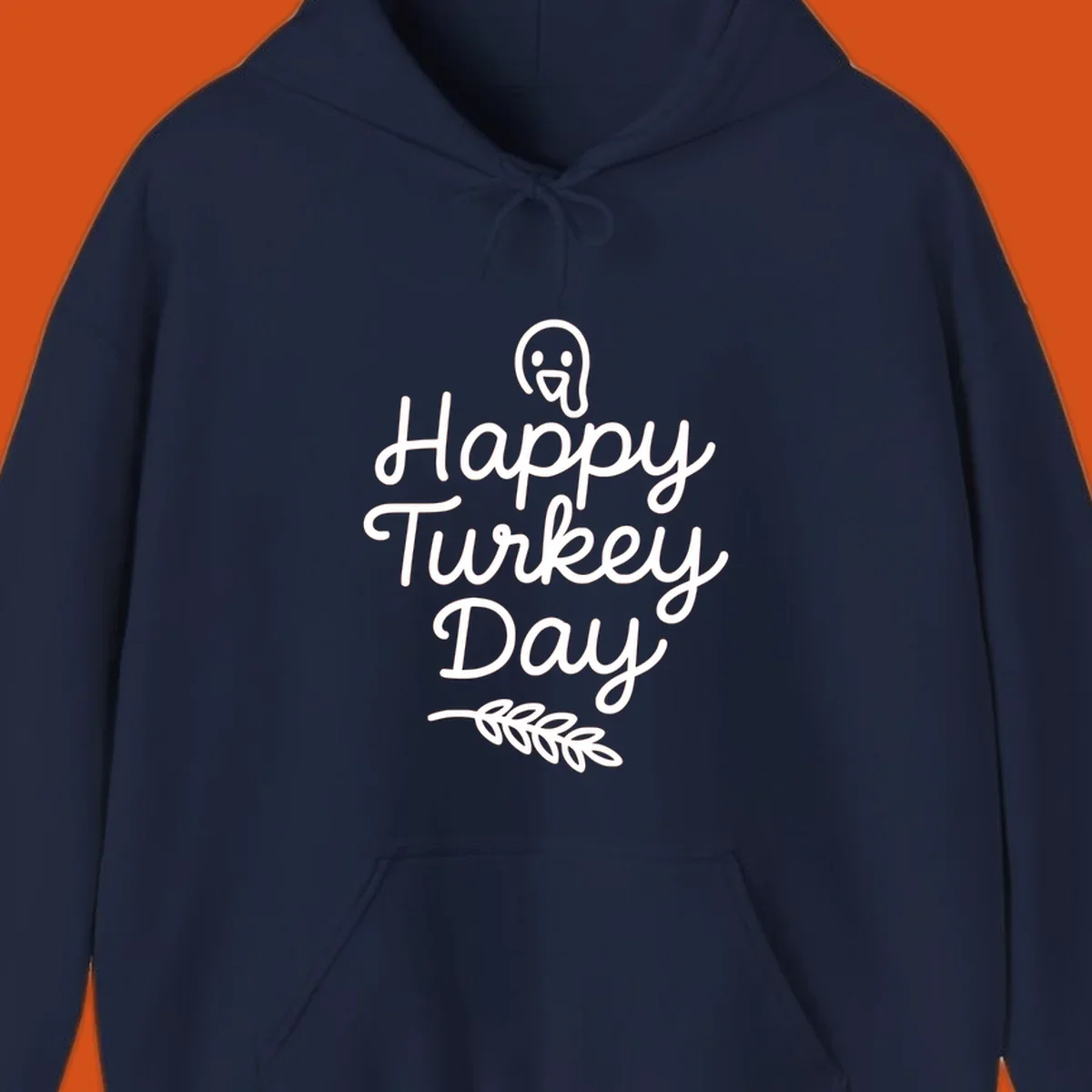 Happy Turkey Day text with a cute cartoon turkey and leafy branch graphic.