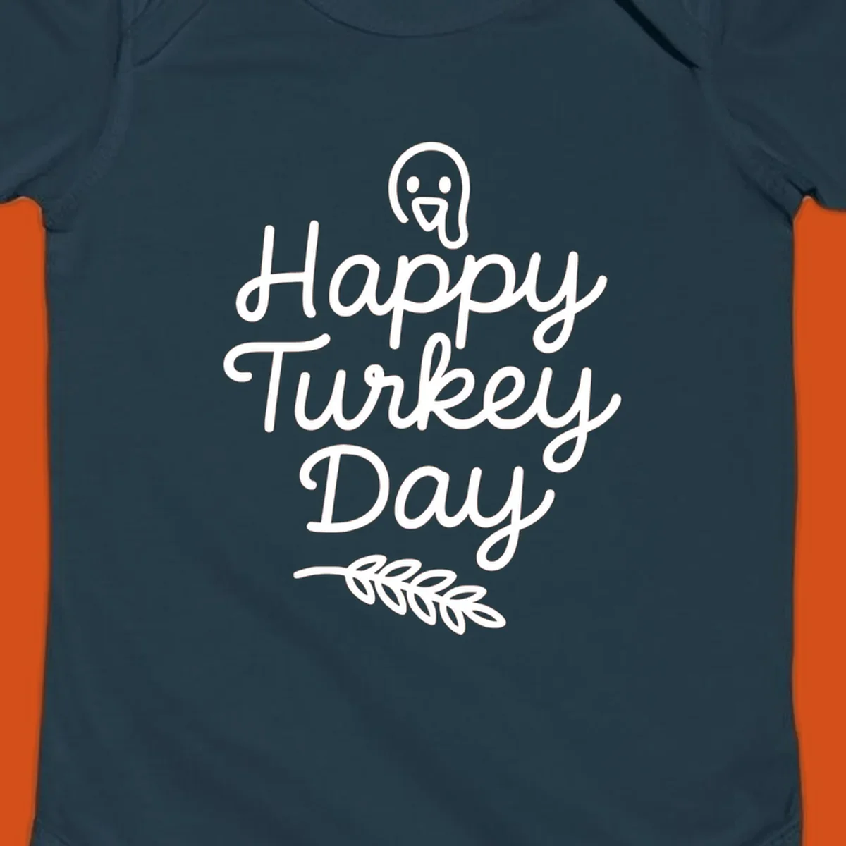 Happy Turkey Day text with a cute cartoon turkey and leafy branch graphic.