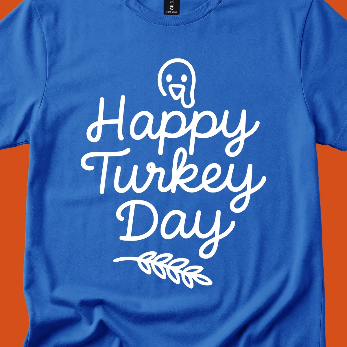 Happy Turkey Day text with a cute cartoon turkey and leafy branch graphic.