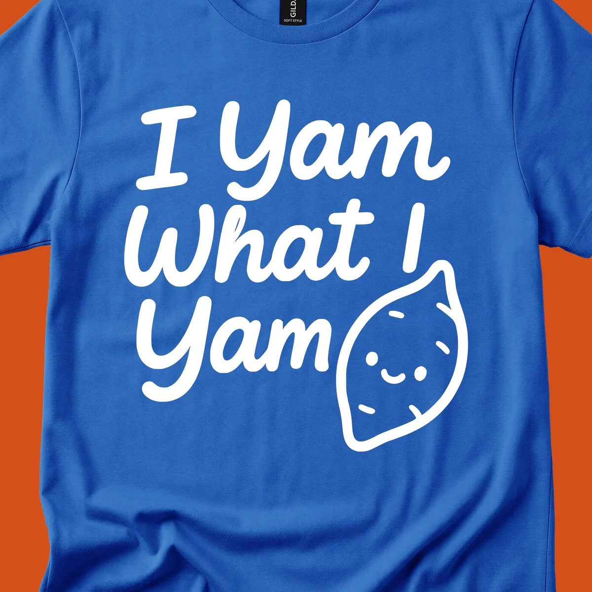 I Yam What I Yam Thanksgiving design with a cute sweet potato illustration and text.