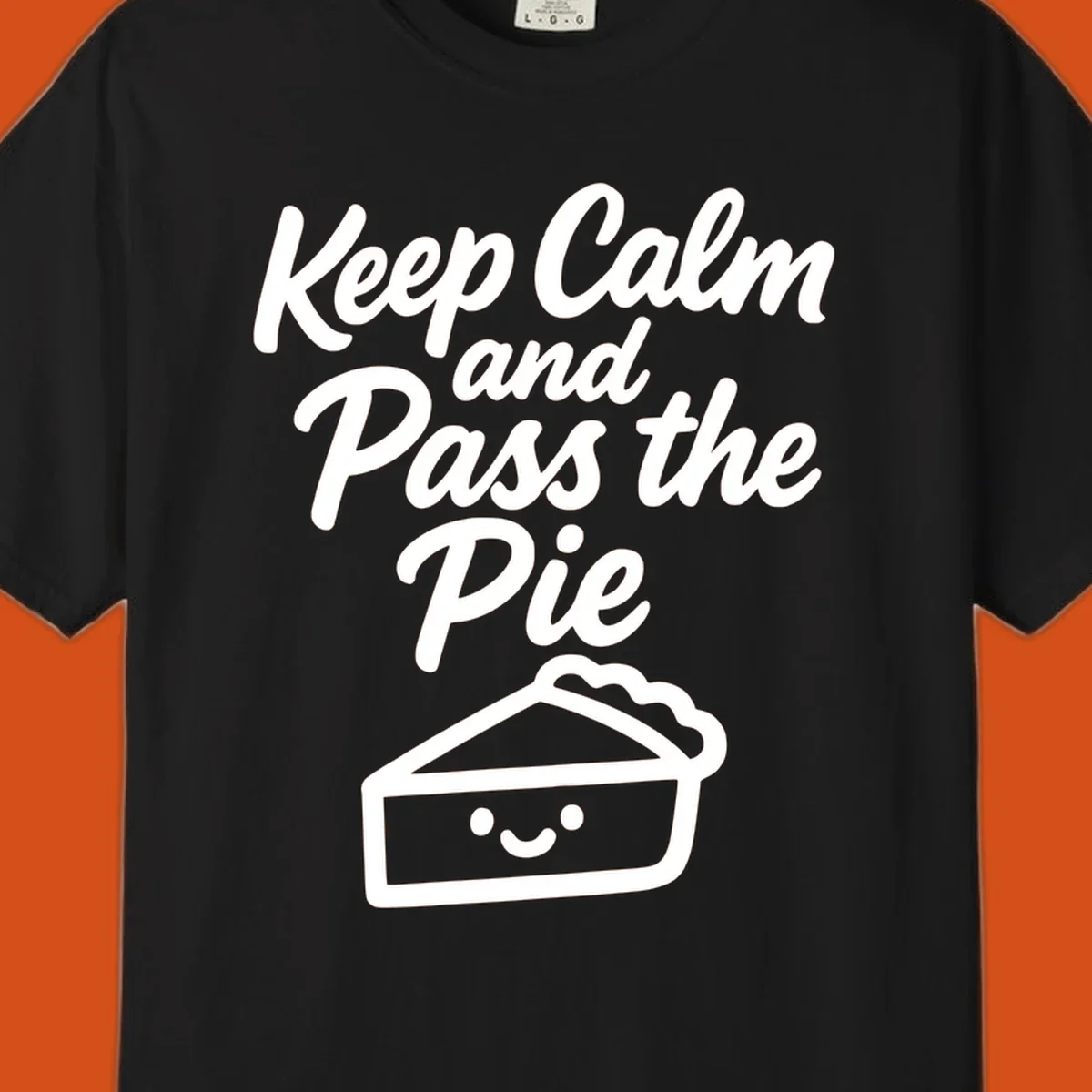 Keep Calm and Pass the Pie text with a cute smiling pie slice illustration.