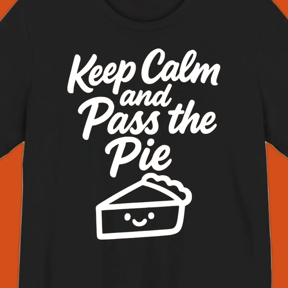 Keep Calm and Pass the Pie text with a cute smiling pie slice illustration.