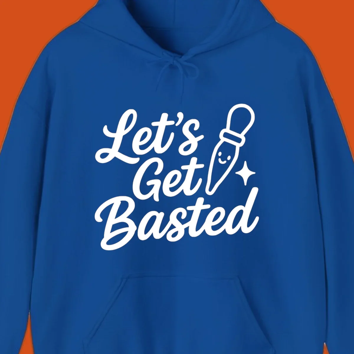 Lets Get Basted text with a cute turkey baster illustration. holiday food humor.
