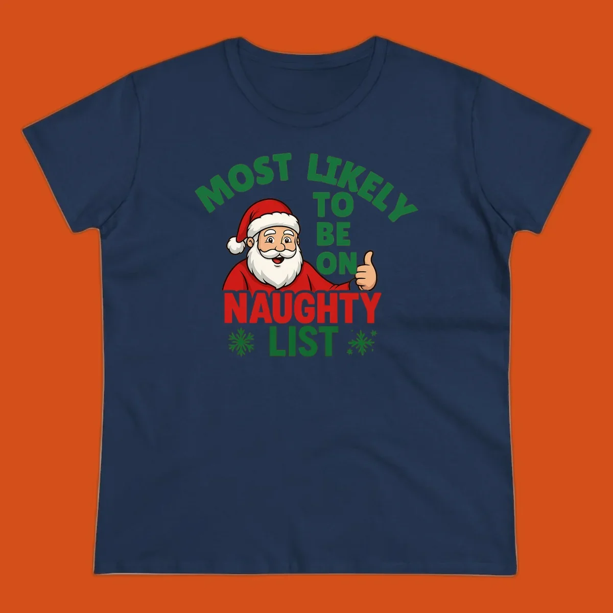 Santa Claus giving a thumbs up with text: Most Likely To Be On Naughty List. Funny Christmas design.