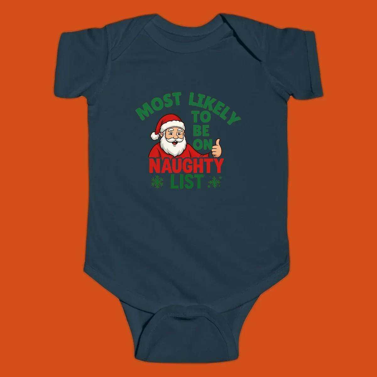 Santa Claus giving a thumbs up with text: Most Likely To Be On Naughty List. Funny Christmas design.