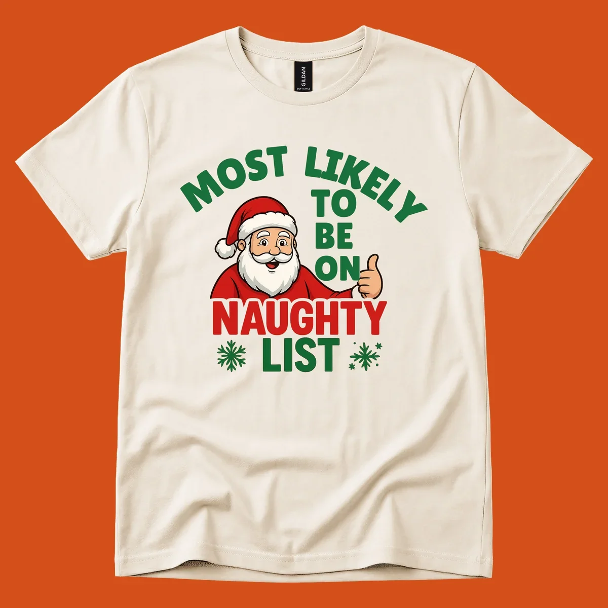 Santa Claus giving a thumbs up with text: Most Likely To Be On Naughty List. Funny Christmas design.