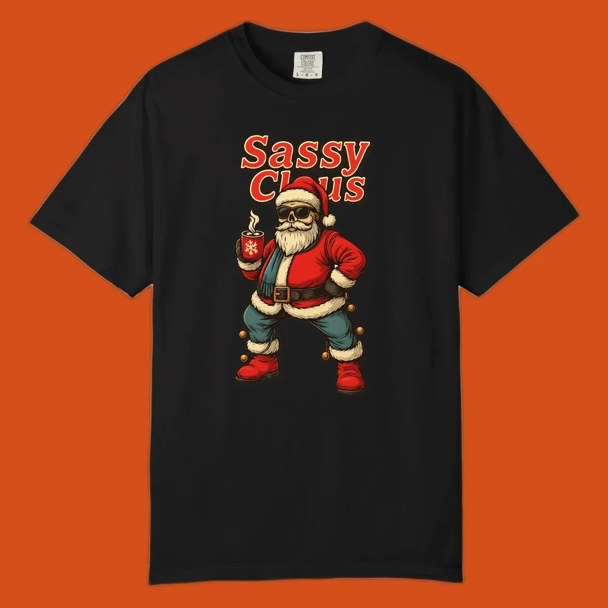 Sassy Claus illustration with sunglasses and coffee mug, text 'Sassy Claus'.