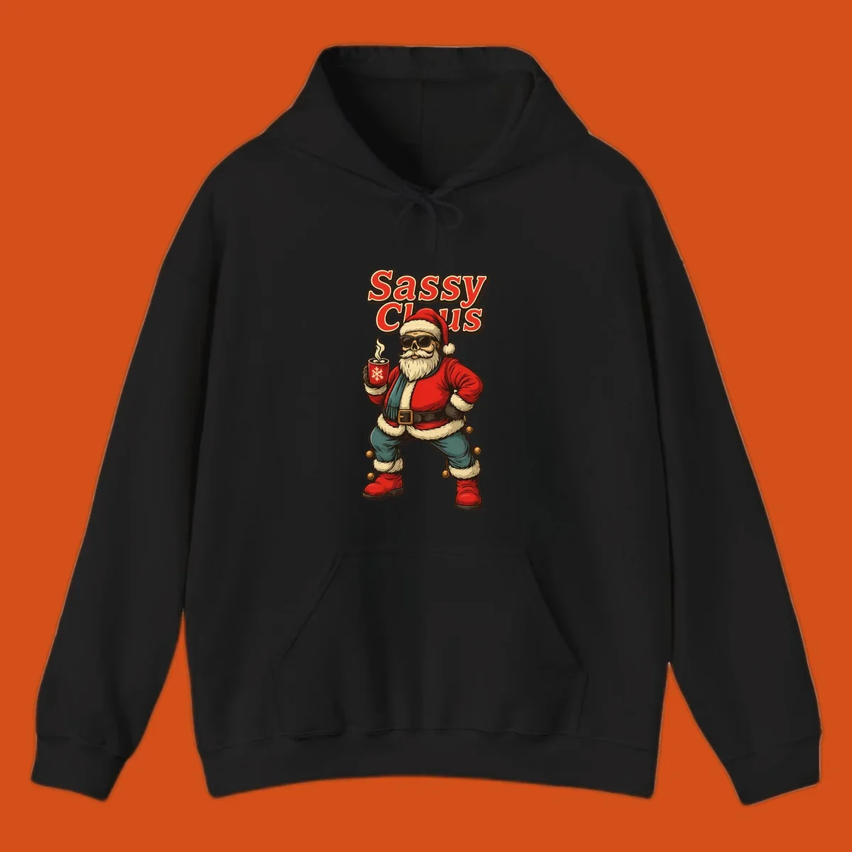 Sassy Claus illustration with sunglasses and coffee mug, text 'Sassy Claus'.