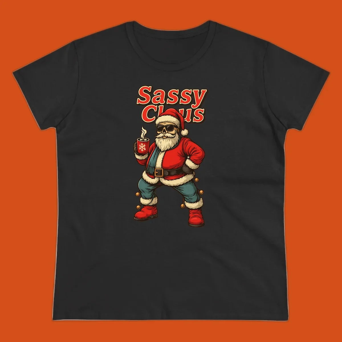 Sassy Claus illustration with sunglasses and coffee mug, text 'Sassy Claus'.
