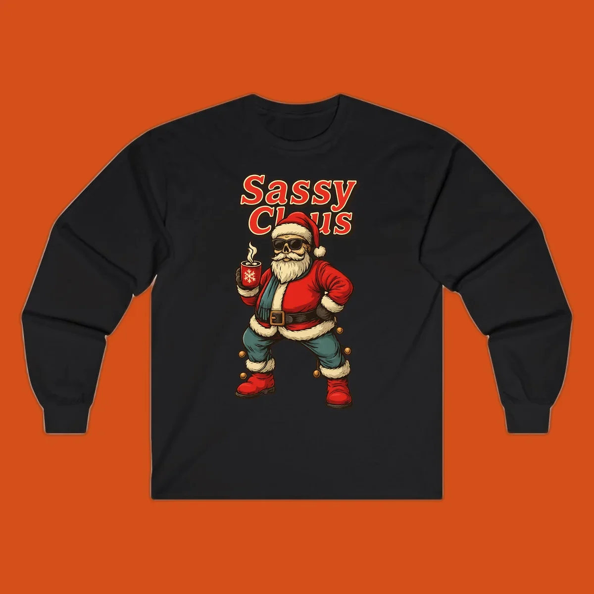 Sassy Claus illustration with sunglasses and coffee mug, text 'Sassy Claus'.