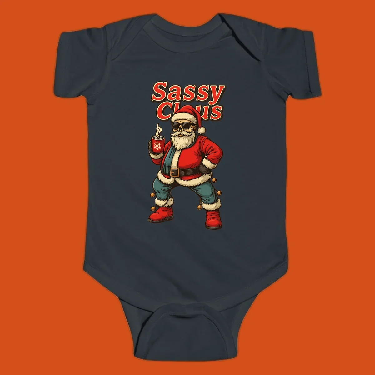 Sassy Claus illustration with sunglasses and coffee mug, text 'Sassy Claus'.