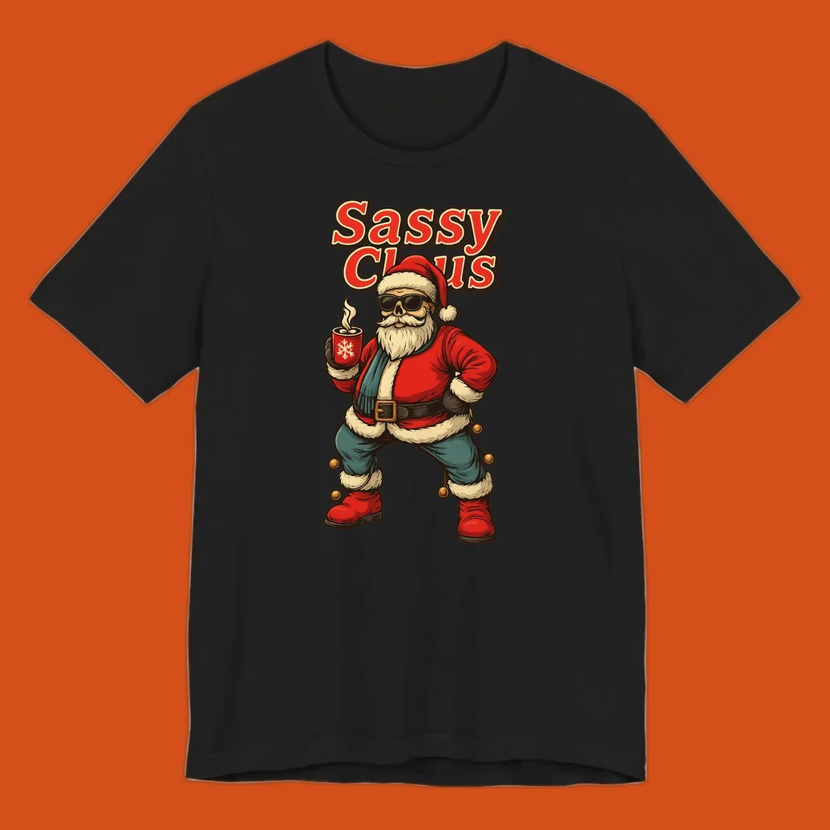 Sassy Claus illustration with sunglasses and coffee mug, text 'Sassy Claus'.