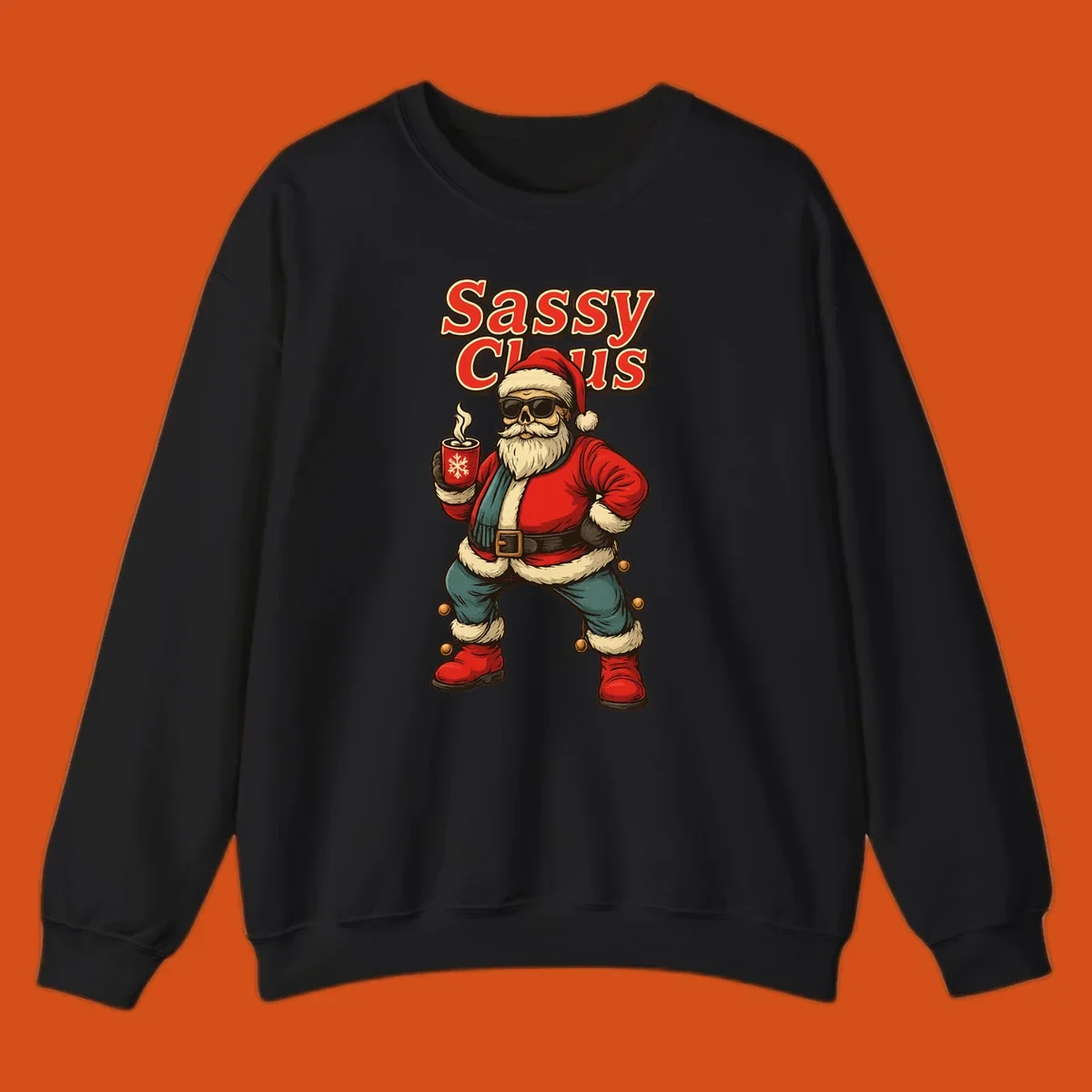Sassy Claus illustration with sunglasses and coffee mug, text 'Sassy Claus'.