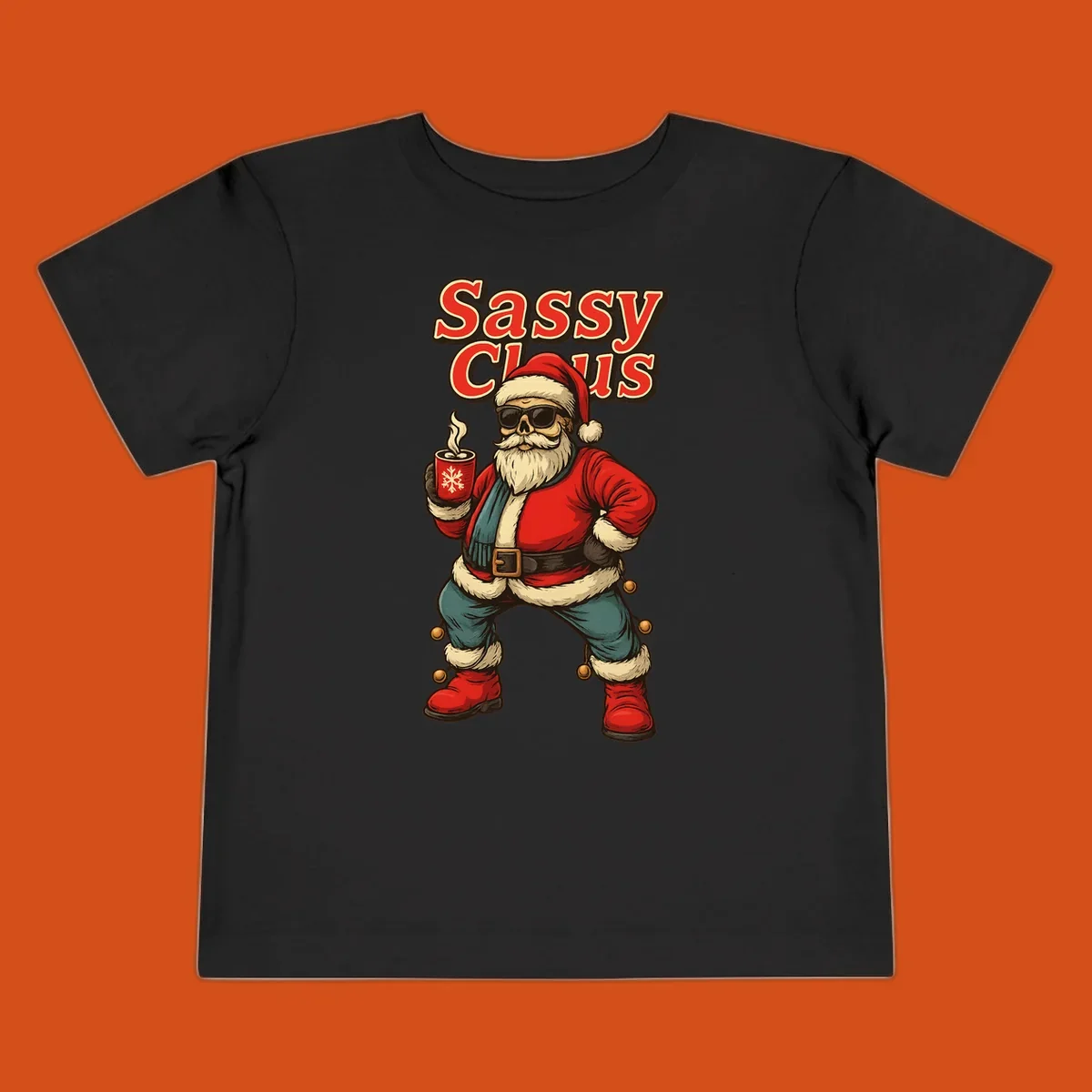 Sassy Claus illustration with sunglasses and coffee mug, text 'Sassy Claus'.