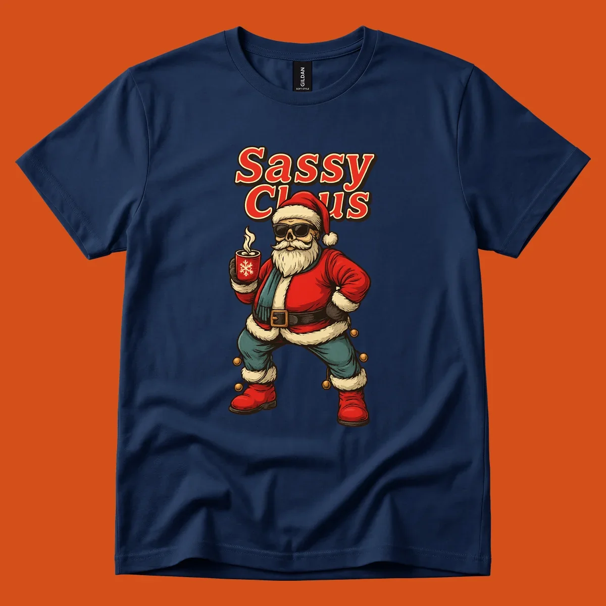 Sassy Claus illustration with sunglasses and coffee mug, text 'Sassy Claus'.