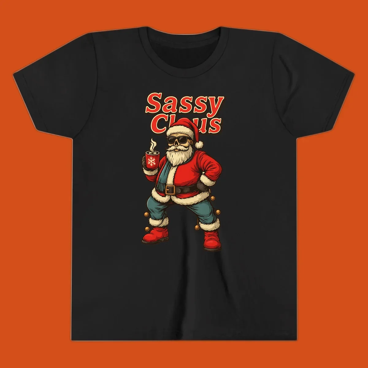 Sassy Claus illustration with sunglasses and coffee mug, text 'Sassy Claus'.
