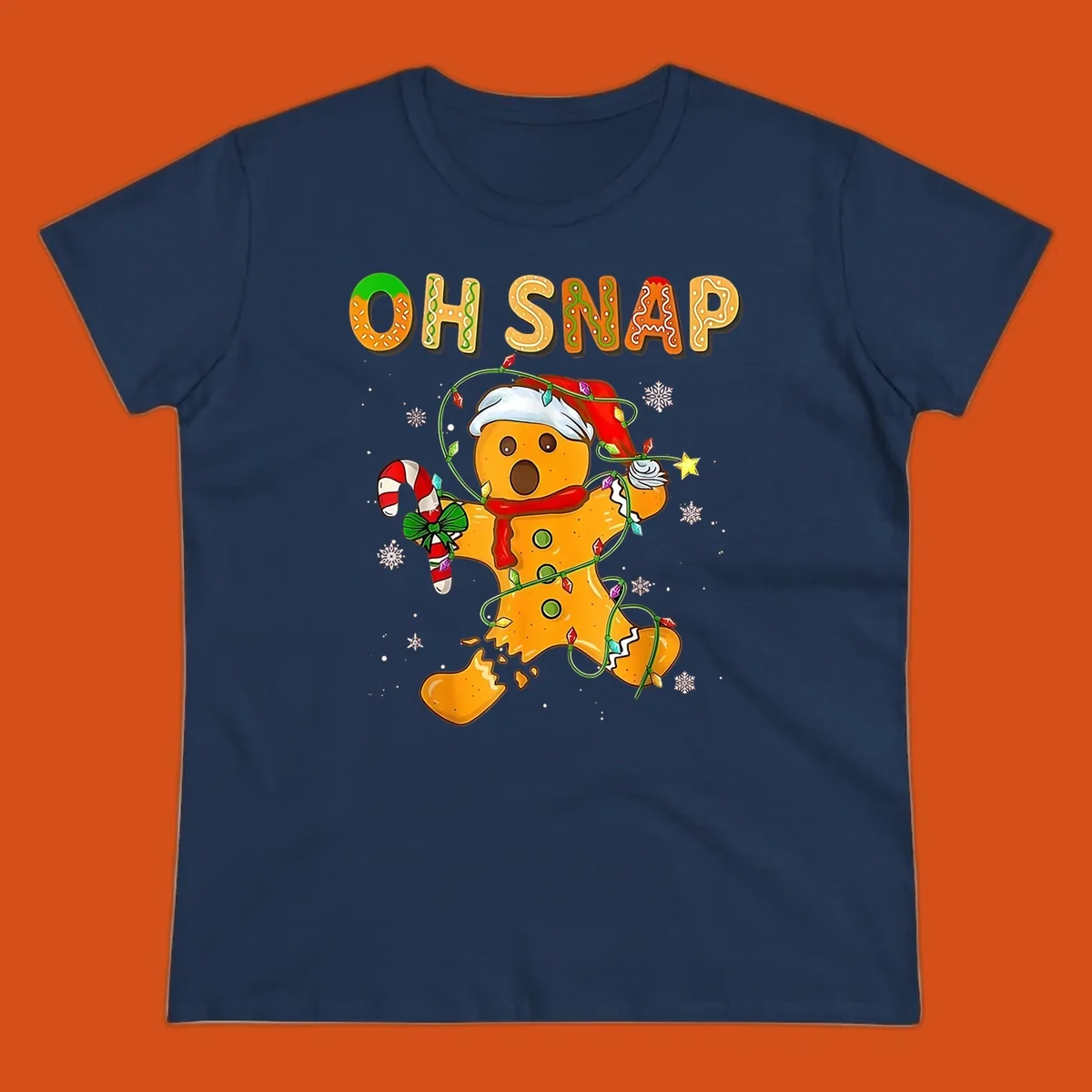 Oh snap gingerbread man tangled in christmas lights broken in half with text, funny holiday design.