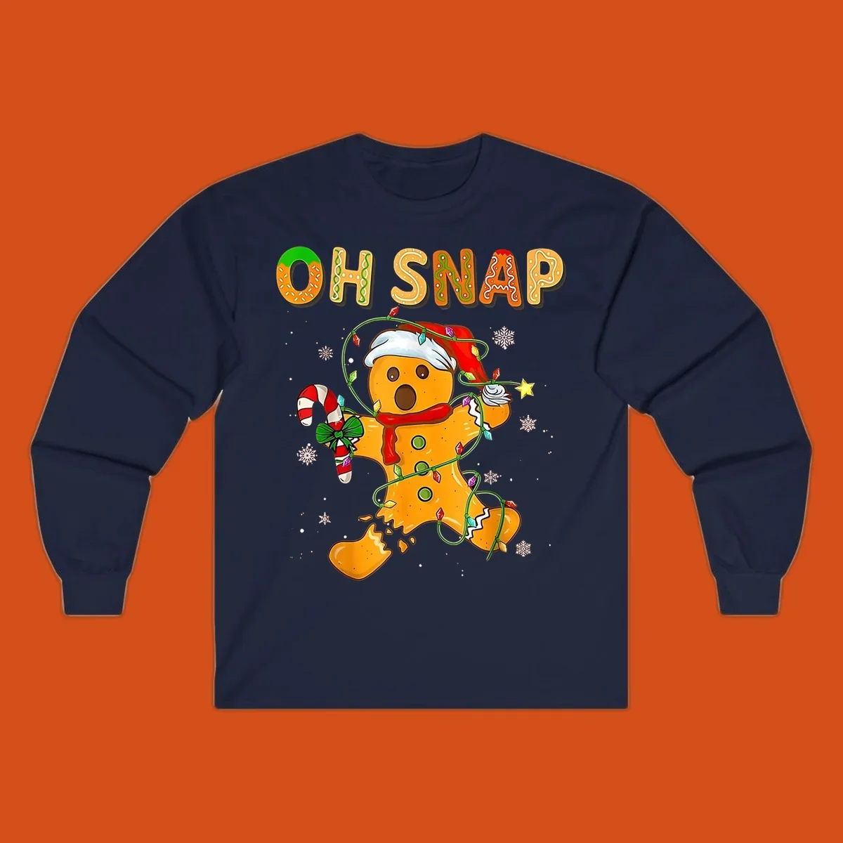 Oh snap gingerbread man tangled in christmas lights broken in half with text, funny holiday design.