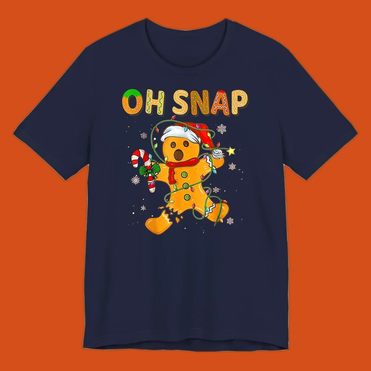Oh snap gingerbread man tangled in christmas lights broken in half with text, funny holiday design.