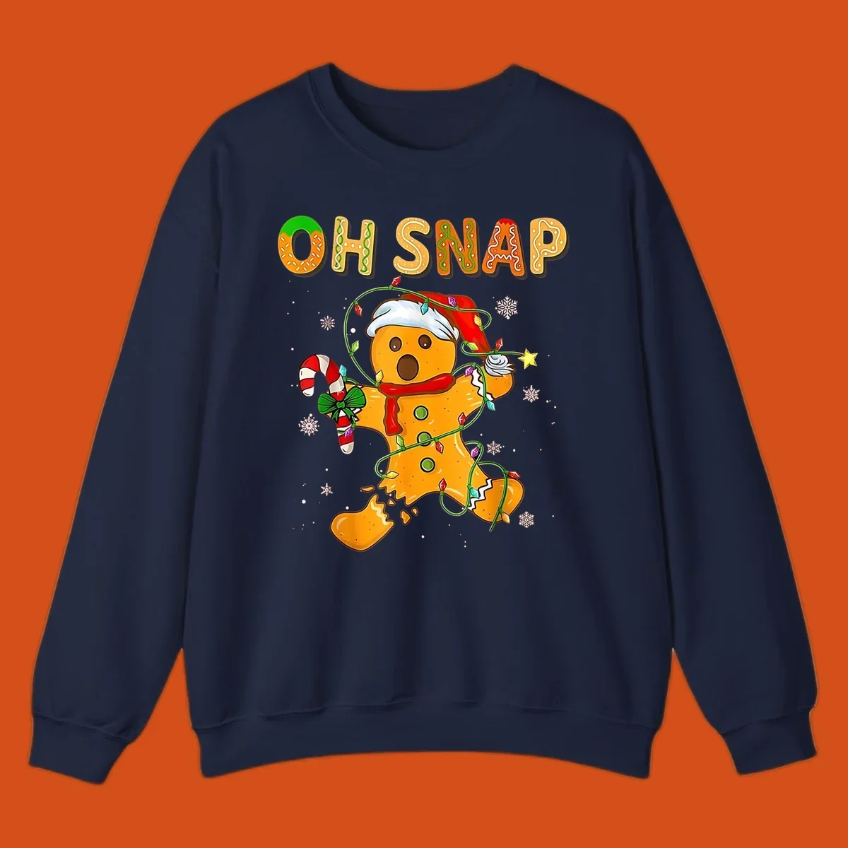 Oh snap gingerbread man tangled in christmas lights broken in half with text, funny holiday design.