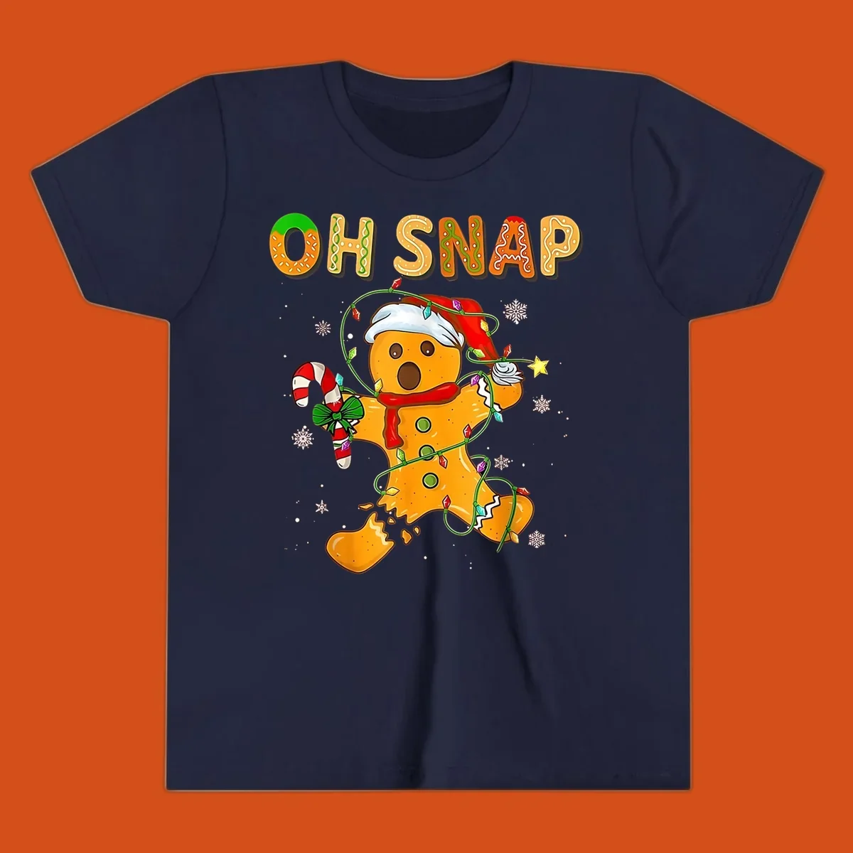 Oh snap gingerbread man tangled in christmas lights broken in half with text, funny holiday design.