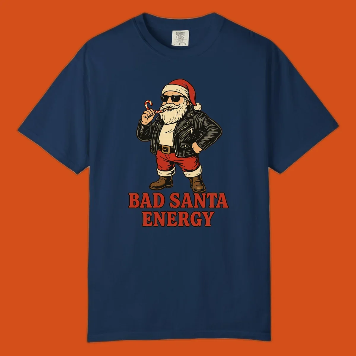 Illustration of a cool, sunglasses-wearing Santa with a leather jacket and the text BAD SANTA ENERGY. Bad Santa Energy.