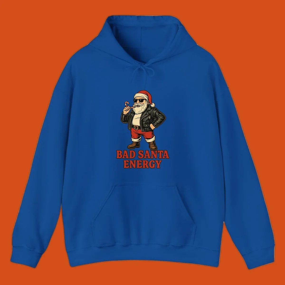 Illustration of a cool, sunglasses-wearing Santa with a leather jacket and the text BAD SANTA ENERGY. Bad Santa Energy.