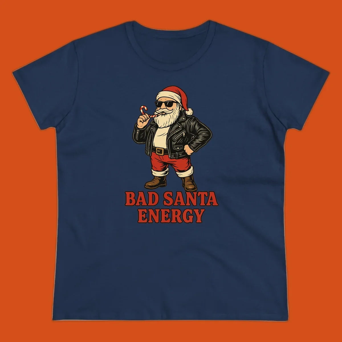 Illustration of a cool, sunglasses-wearing Santa with a leather jacket and the text BAD SANTA ENERGY. Bad Santa Energy.