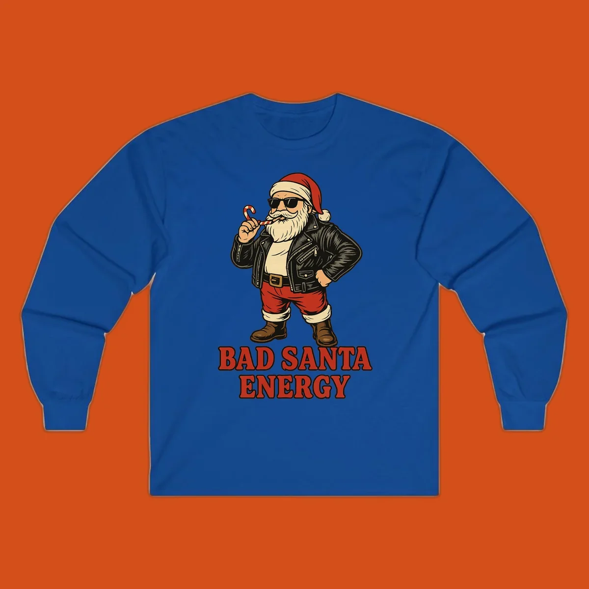 Illustration of a cool, sunglasses-wearing Santa with a leather jacket and the text BAD SANTA ENERGY. Bad Santa Energy.