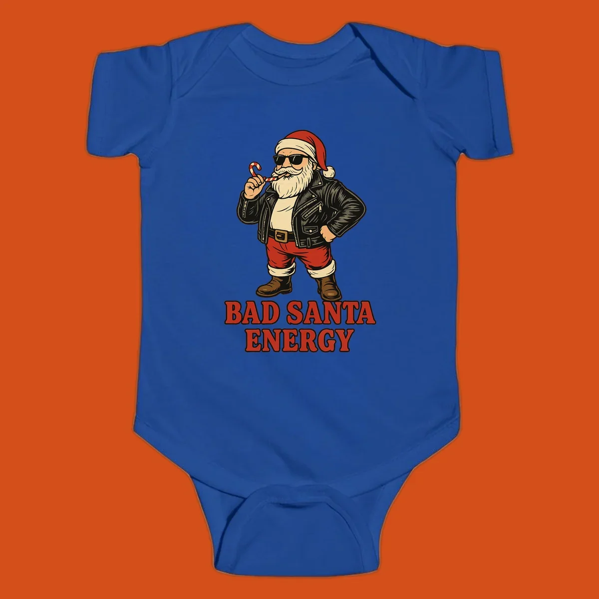 Illustration of a cool, sunglasses-wearing Santa with a leather jacket and the text BAD SANTA ENERGY. Bad Santa Energy.