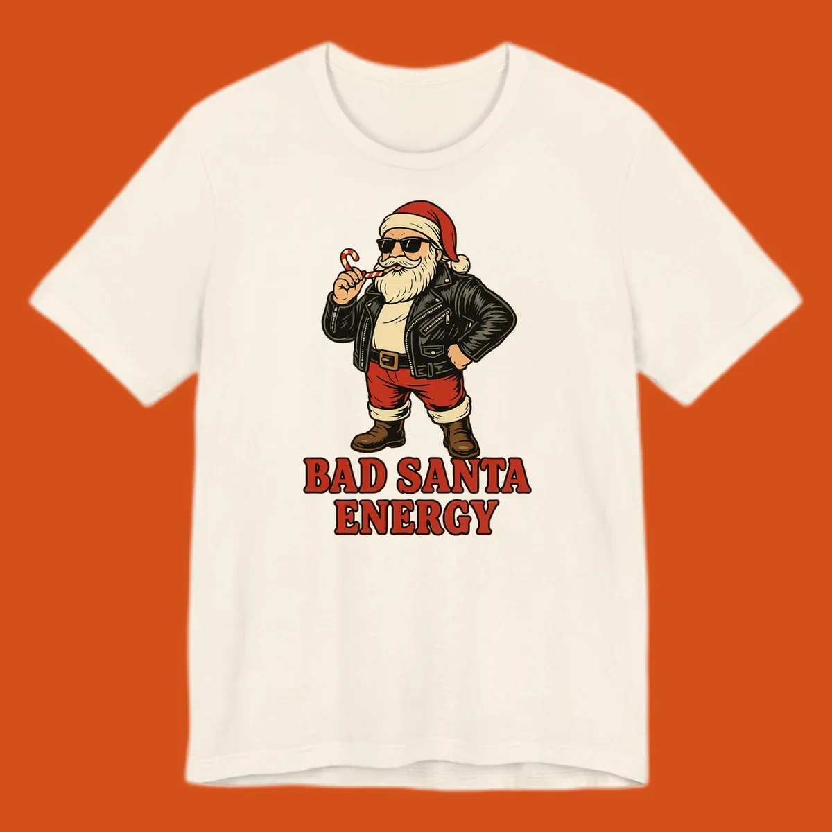 Illustration of a cool, sunglasses-wearing Santa with a leather jacket and the text BAD SANTA ENERGY. Bad Santa Energy.