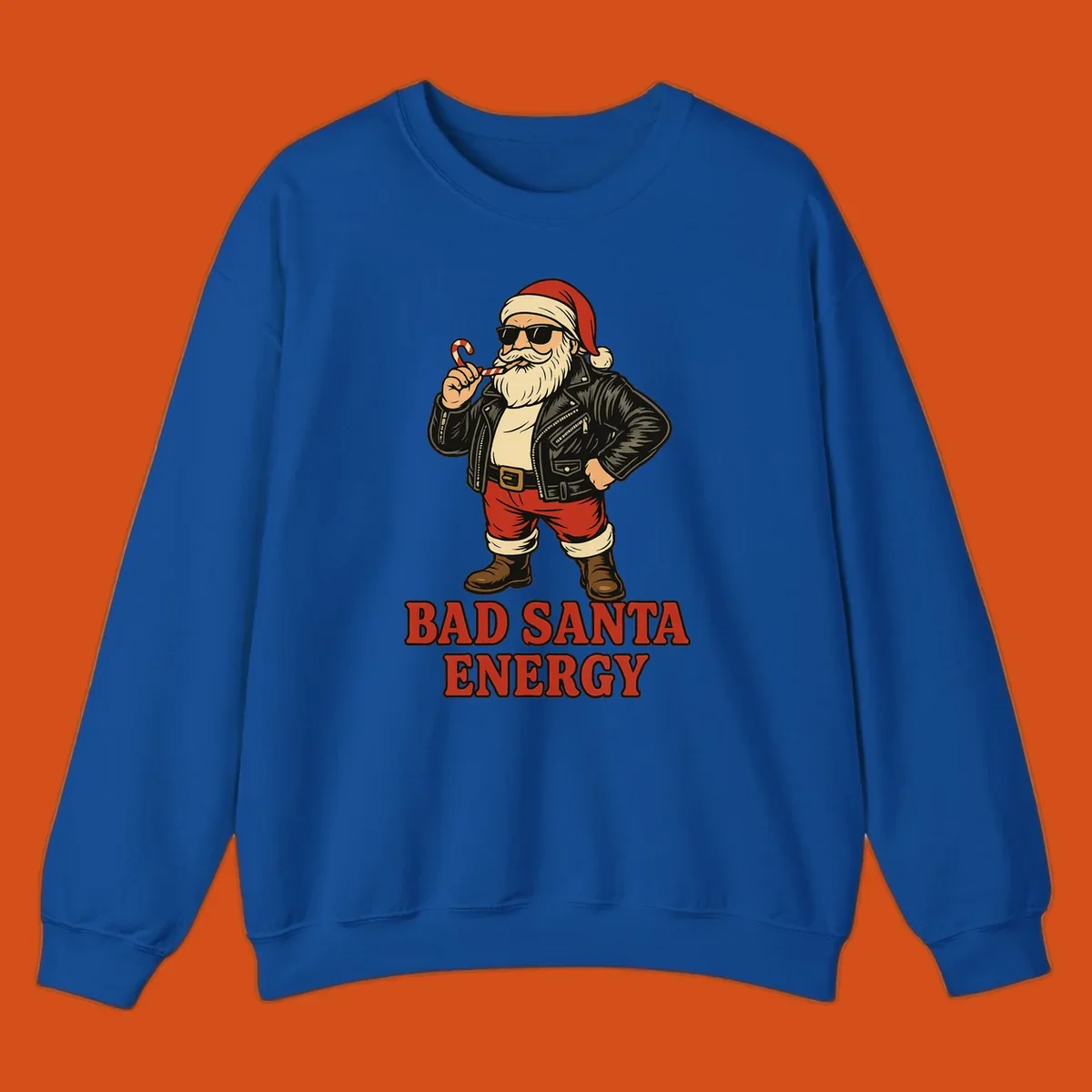 Illustration of a cool, sunglasses-wearing Santa with a leather jacket and the text BAD SANTA ENERGY. Bad Santa Energy.