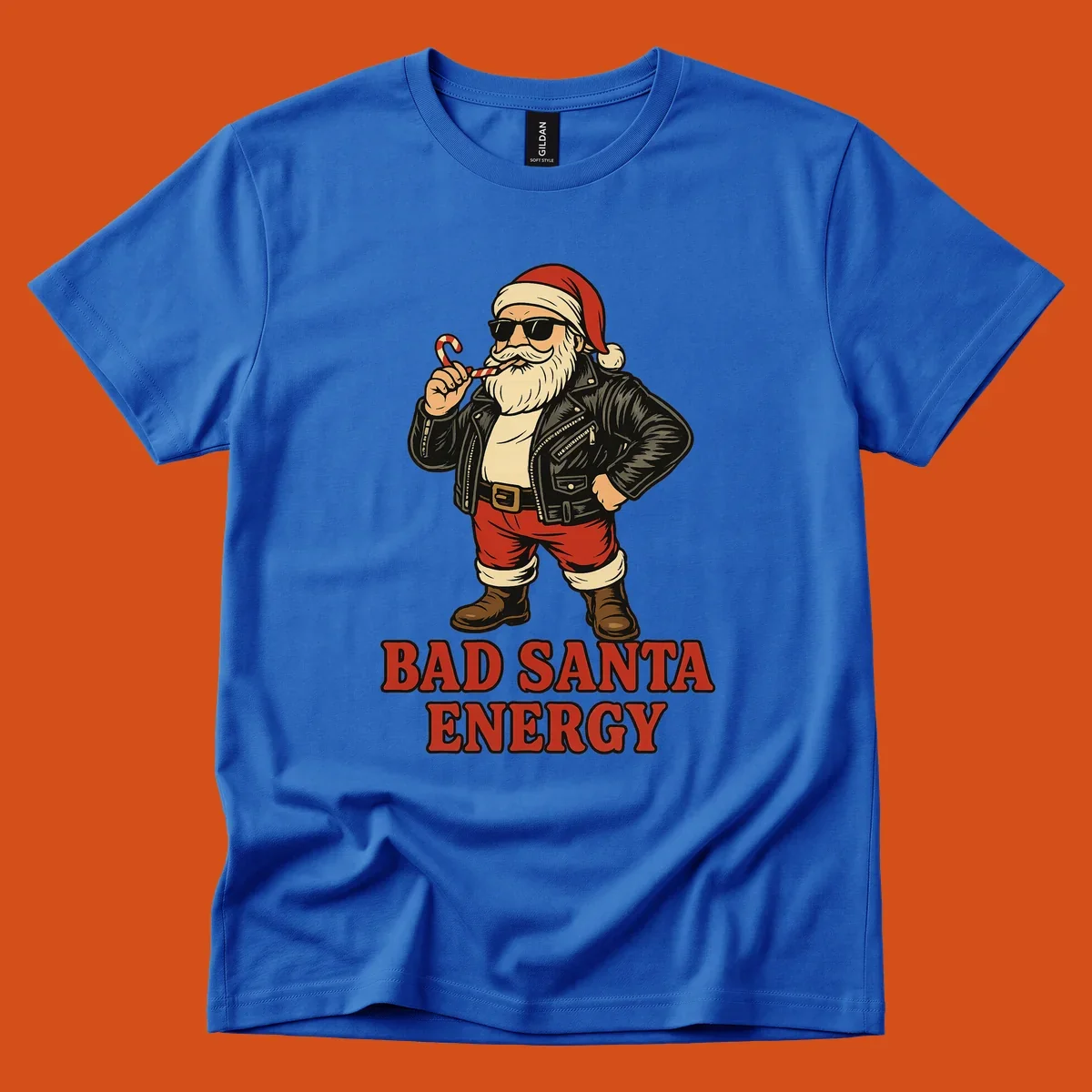 Illustration of a cool, sunglasses-wearing Santa with a leather jacket and the text BAD SANTA ENERGY. Bad Santa Energy.