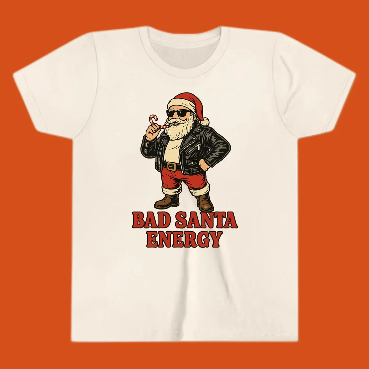 Illustration of a cool, sunglasses-wearing Santa with a leather jacket and the text BAD SANTA ENERGY. Bad Santa Energy.