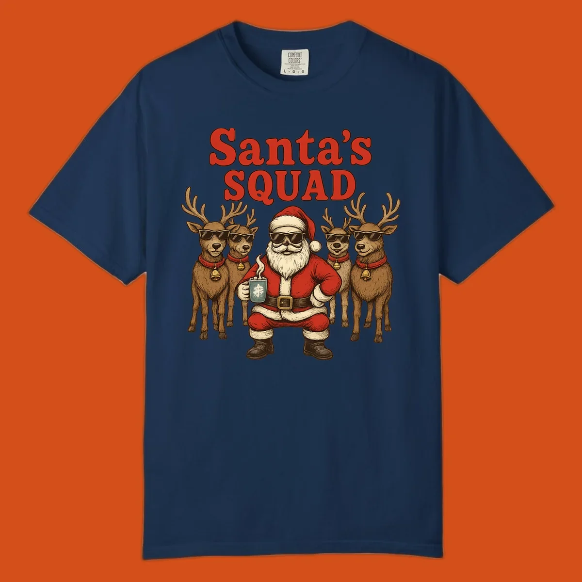 Santa's Squad cool Christmas graphic with Santa and reindeer wearing sunglasses.