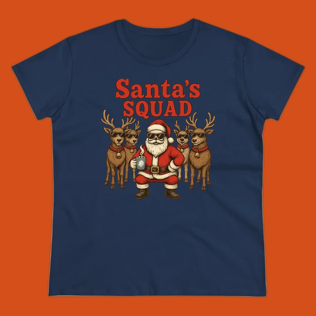 Santa's Squad cool Christmas graphic with Santa and reindeer wearing sunglasses.