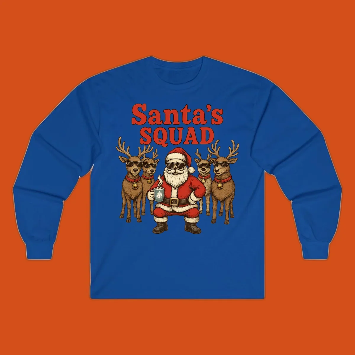 Santa's Squad cool Christmas graphic with Santa and reindeer wearing sunglasses.
