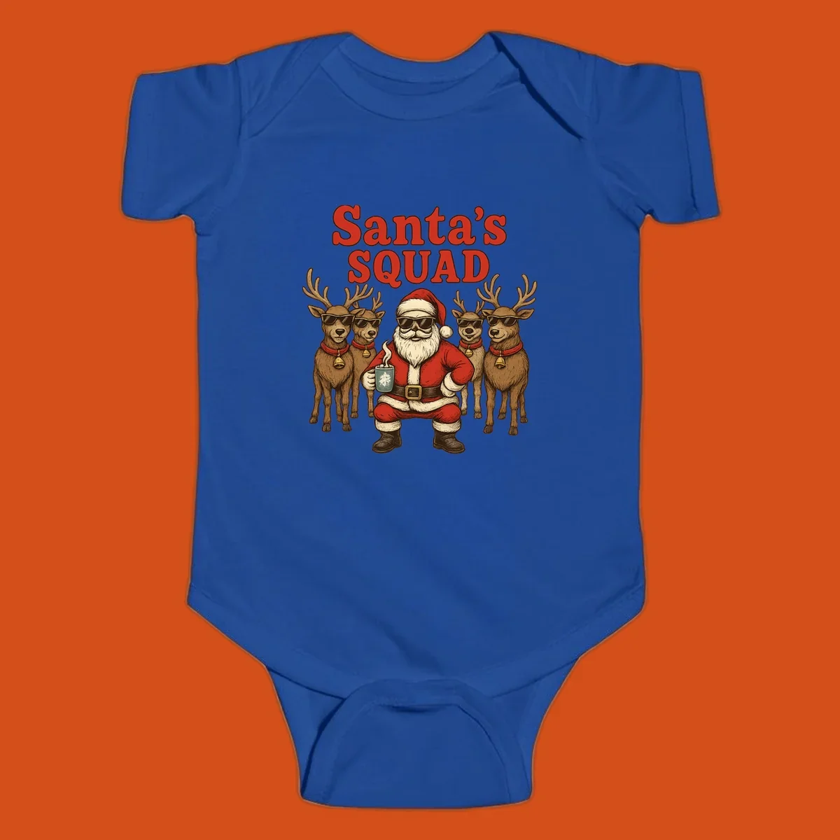 Santa's Squad cool Christmas graphic with Santa and reindeer wearing sunglasses.