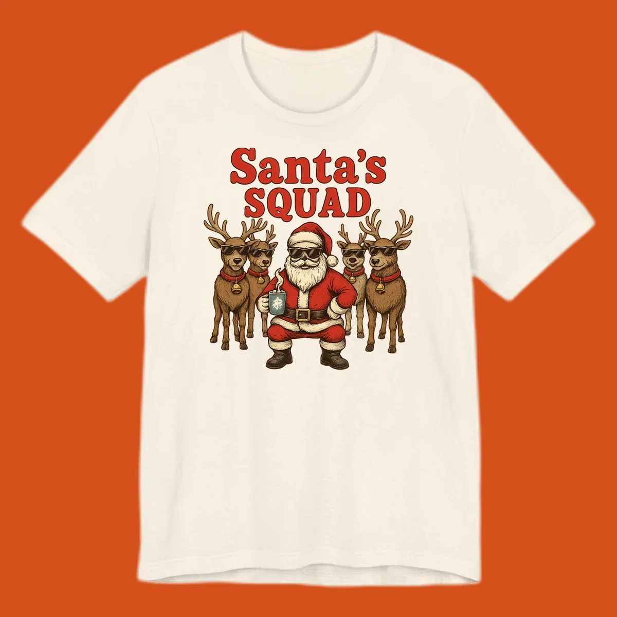 Santa's Squad cool Christmas graphic with Santa and reindeer wearing sunglasses.
