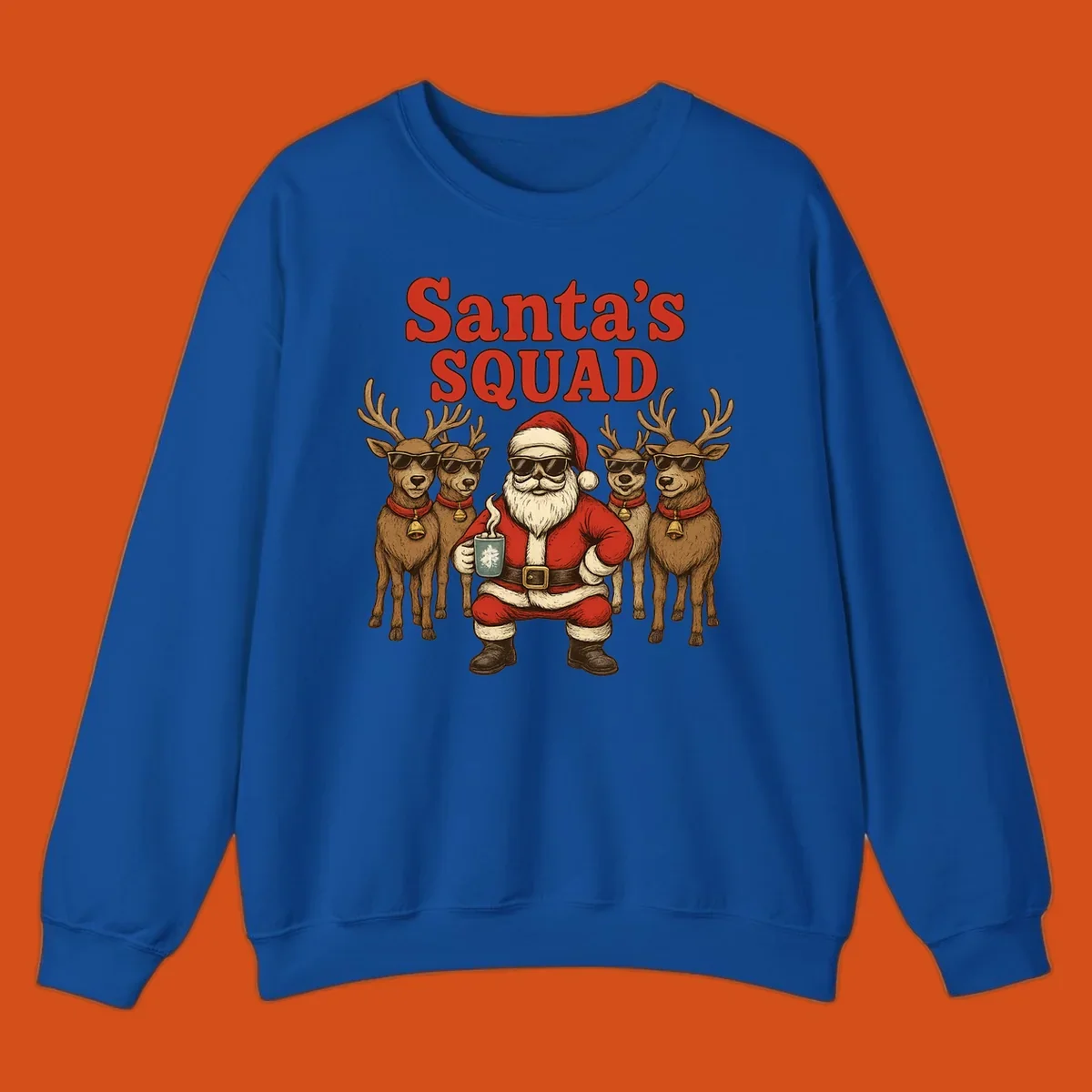 Santa's Squad cool Christmas graphic with Santa and reindeer wearing sunglasses.