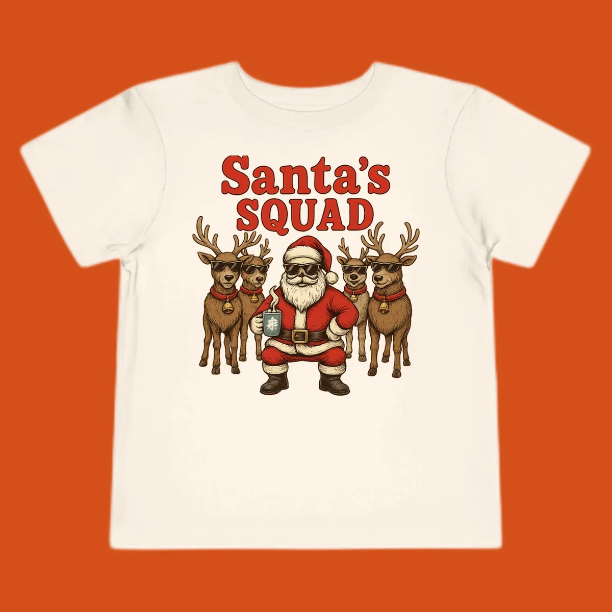 Santa's Squad cool Christmas graphic with Santa and reindeer wearing sunglasses.