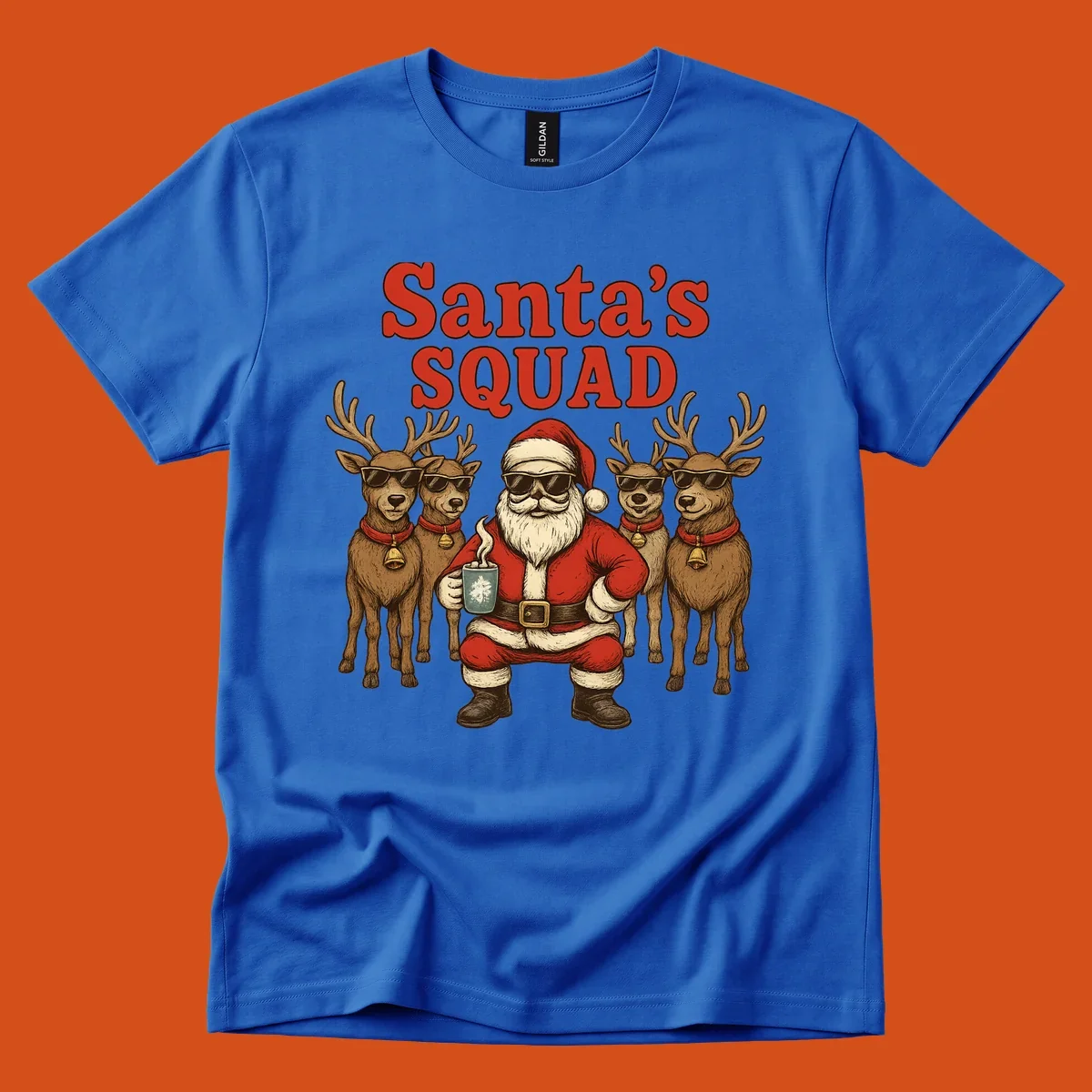 Santa's Squad cool Christmas graphic with Santa and reindeer wearing sunglasses.
