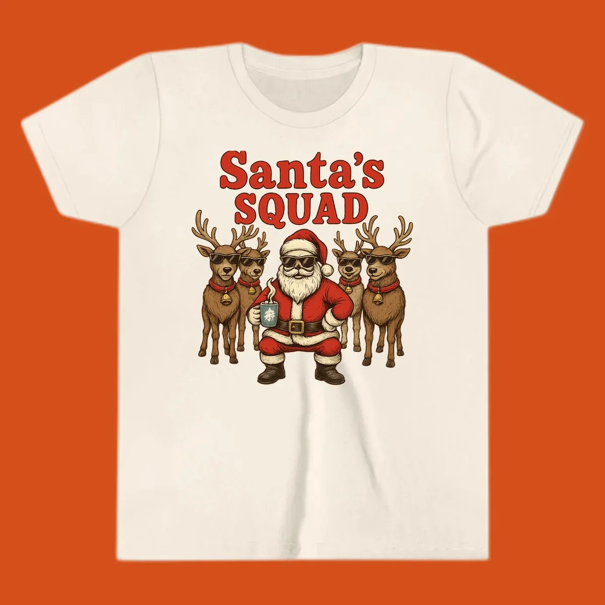 Santa's Squad cool Christmas graphic with Santa and reindeer wearing sunglasses.